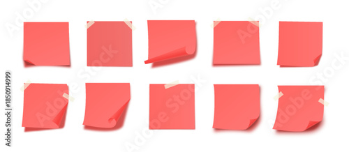 Red Sticky Notes Set with Curl Folded Corners, Tape and Soft Shadows on White Background. Realistic Empty Paper Memo Template for Planning Reminder. Clean Note Sticker Collection. Vector Illustration