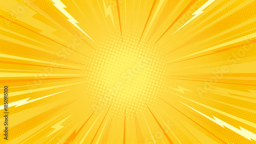 Sunburst Pop Art Comic Yellow Background. Burst Energy Speed Lines with Halftone Dotted Texture. Eye Catching Lightning Bolts Explosion Rays Banner. High Impact Manga Motion. Vector Illustration