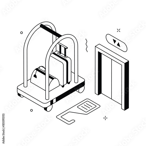 Isometric hotel services illustration with luggage cart for hospitality and travel concepts.