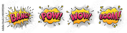 Bang Pow Wow Boom Comic Pop Art Sound Effects Set with Halftone Dots and Explosion Speech Bubbles. Hand Drawn Lettering. Retro Cartoon Action Words for Stickers, Posters, Comics. Vector Illustration