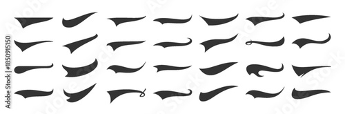 Swoosh Brush Strokes Collection with Dynamic Curves and Tapered Ends. Abstract Calligraphic Design Elements for Logos, Typography, Branding. Fluid Brush Style Flourish Shapes Set. Vector Illustration