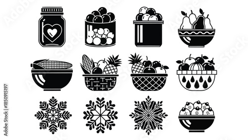 Black and white vector icons of various food and winter elements