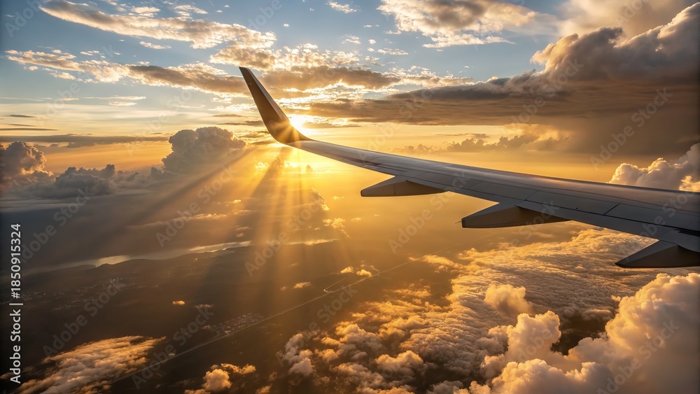 Fototapeta premium Airplane wing soaring through clouds at sunrise with sun rays shining through