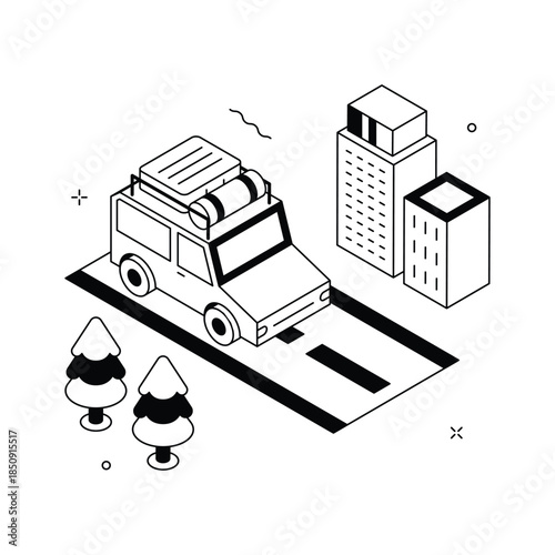 Isometric traveling car illustration for road trip and land travel concepts.