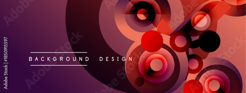 Abstract background features overlapping circles, gradients. Red, black, purple hues create dynamic visual effect. Modern design element.
