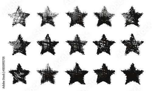 Fifteen textured five-pointed stars with varied hand-shading. Doodles and squiggles. Vector set