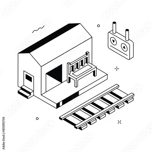 Isometric railway station illustration for train travel and transportation concept