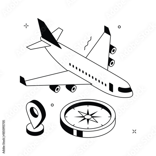 Isometric flight navigation illustration with airplane and compass