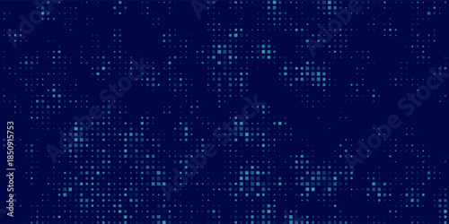 Digital glowing pixels matrix pattern on dark blue background. Abstract backdrop of glittering dots for FinTech presentation, blockchain or data scientist concept. Vector illustration.