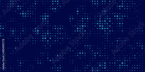 Digital glowing pixels matrix pattern on dark blue background. Abstract backdrop of glittering dots for FinTech presentation, blockchain or data scientist concept. Vector illustration.