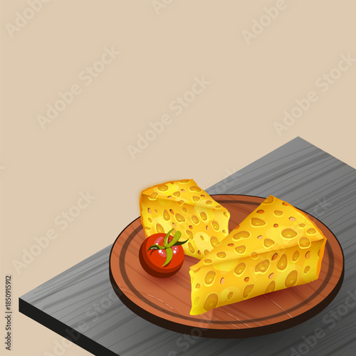 A wedge of yellow cheese with holes sits on a wooden cutting board