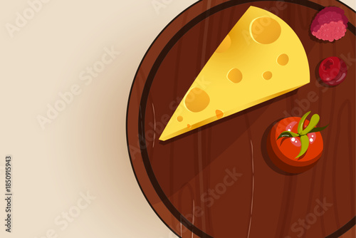 A wedge of yellow cheese with holes sits on a wooden cutting board