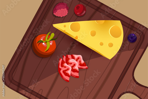 A wedge of yellow cheese with holes sits on a wooden cutting board