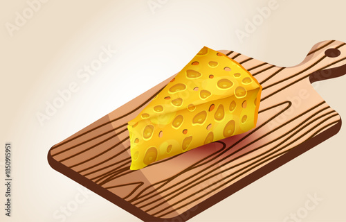 A wedge of yellow cheese with holes sits on a wooden cutting board