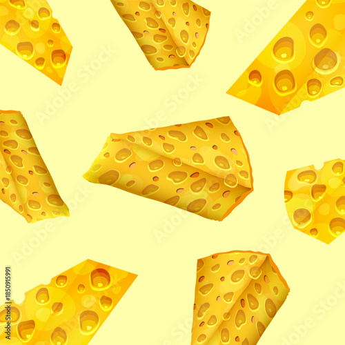 A wedge of yellow cheese with holes sits on a wooden cutting board