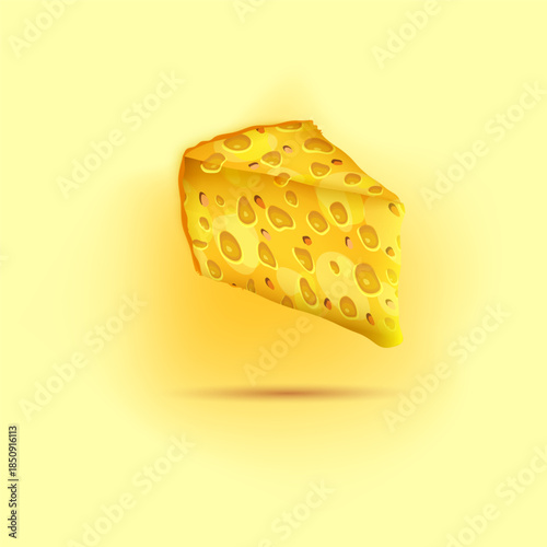 A wedge of yellow cheese with holes sits on a wooden A triangular piece of cheese with a bright yellow color