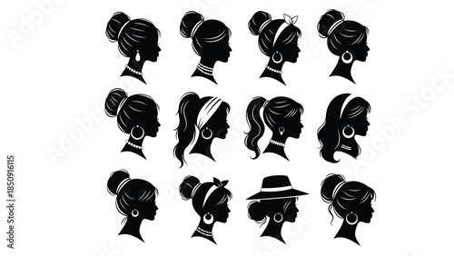 Vector silhouettes of women with various hairstyles and accessories on white background