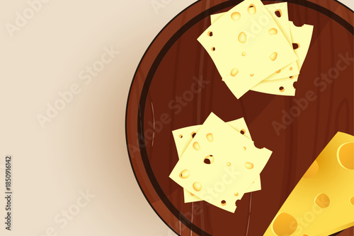 A wedge of yellow cheese with holes sits on a wooden cutting board
