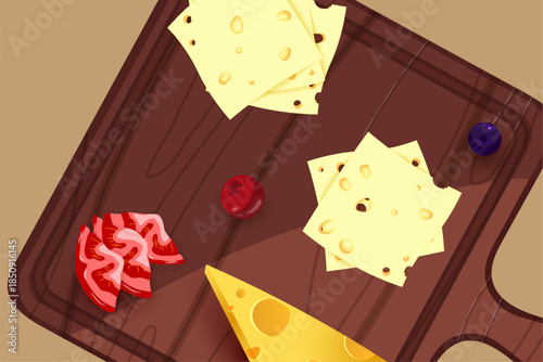 A wedge of yellow cheese with holes sits on a wooden cutting board