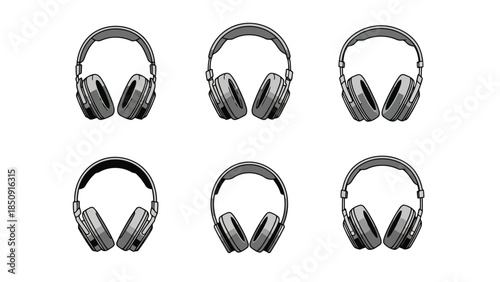 Six gray headphones on white background vector