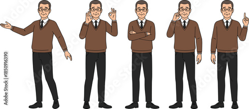 Senior businessman character set, flat vector illustration of professional man wearing sweater showing business gestures and confident poses leadership communication