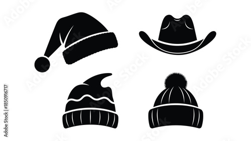 Four black hat silhouettes on white background vector