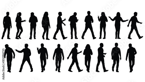 Collection of black human silhouettes walking and gesturing on white background vector