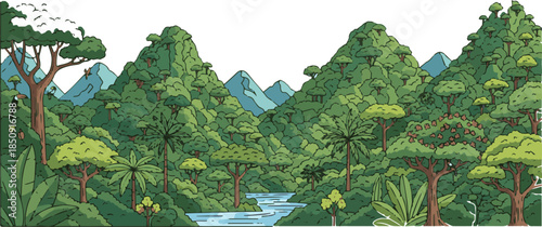  Isolated a  landscape trees, field, grass, summer, mountains, mountain, forest, sky, nature, tree, landscape vector art with white background. 