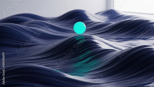 Wavy dark surface with a glowing turquoise sphere perched on a crest