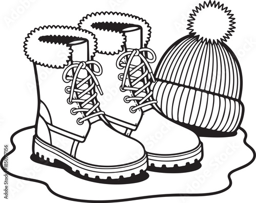 Hand drawn vector illustration of a pair of red winter boots and ice skates with rubber soles and laces isolated on white for winter sports fashion