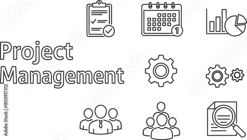 Black and white line art icons representing various tasks and concepts essential for successful project management and workflow