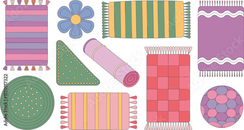 Set of hand drawn colorful vector rugs with tassels floral shapes and rolled mats for cozy home decor and interior design icons.