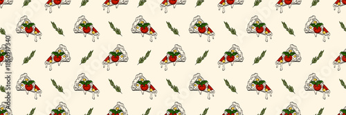 Vintage pizza seamless pattern featuring margherita slices, tomato, basil, and mozzarella. Ideal for pizzeria branding, menu backgrounds, and Italian food packaging designs