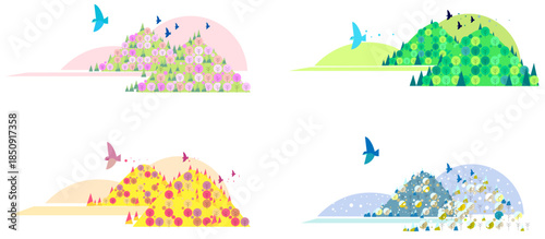 四季の移ろいを感じる山々の風景イラストセット。春の桜、夏の緑、秋の紅葉、冬の雪