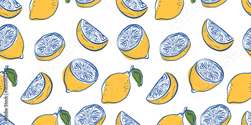 Seamless lemon pattern with whole fruits and sliced citrus in Mediterranean style. Fresh repeat for kitchen textiles, packaging, wallpapers, tableware and food branding