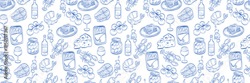 Seamless Mediterranean food pattern seafood, cheese, wine, olives, tomatoes, appetizers in blue line icons on white background. Repeating culinary design for packaging, textiles, restaurant decor