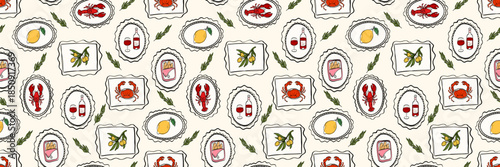 Seamless Mediterranean food pattern with seafood, citrus, olive branches, wine bottles. frames on light background. Decorative repeat for kitchen textiles, packaging, wallpapers, restaurant branding