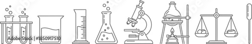 Clean line art icons illustrating various essential laboratory equipment for chemistry science experiments and research