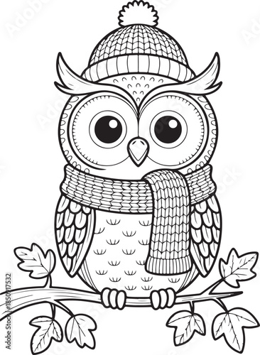 Cute brown cartoon owl with large eyes perched on a leafy tree branch, a wise bird character illustration in a fun vector art style for nature and wildlife design