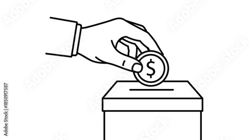 Hand putting coin into donation box with dollar sign, Generative AI.