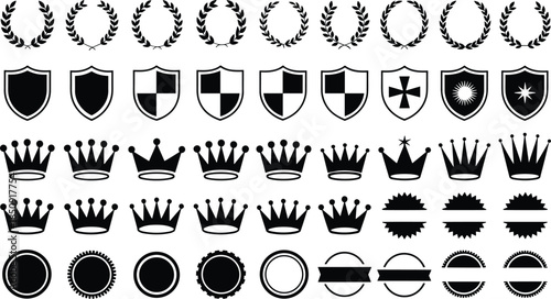Large set of heraldry icons including laurel wreaths shields crowns and circular seals for premium branding logo design and crests.