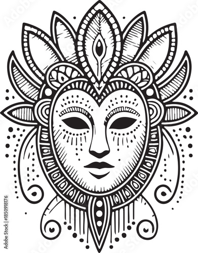 A traditional gold Venetian masquerade mask for a theatrical festival or opera costume, featuring an artistic fantasy design isolated on a black background as a vector illustration of mystery