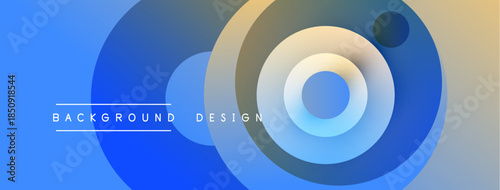 Abstract background features layered circles. Blue, gold hues create modern visual effect. Text reads background design. Simple, clean composition.