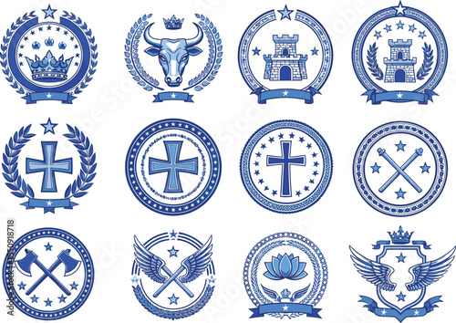 Vintage blue heraldry emblems set featuring castle towers bull head crosses wings and laurel wreaths for premium branding and luxury logo design.