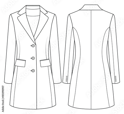 Women Two Button Long Tailored Coat Front and Back View Flat Vector Illustration