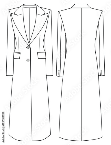 Women Two Button Long Tailored Coat Front and Back View Flat Vector Illustration