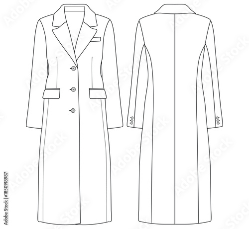 Women Two Button Long Tailored Coat Front and Back View Flat Vector Illustration