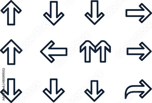 Collection of Simple Arrow Icons Pointing in Various Directions for Navigation and Interface Design
