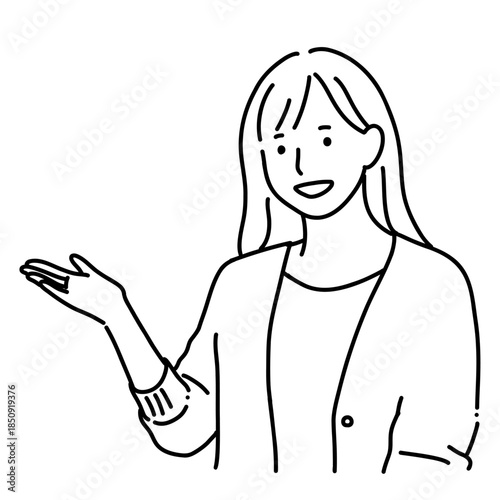 案内・説明をする女性のイラスト｜ガイド・紹介・誘導　シンプル線画