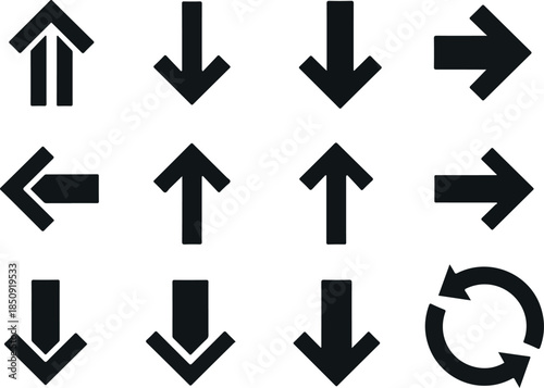 Collection of Black Arrows Pointing in Various Directions on White Background